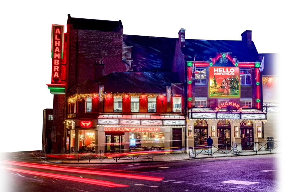 The Alhambra Theatre, Dunfermline, lit up at night
